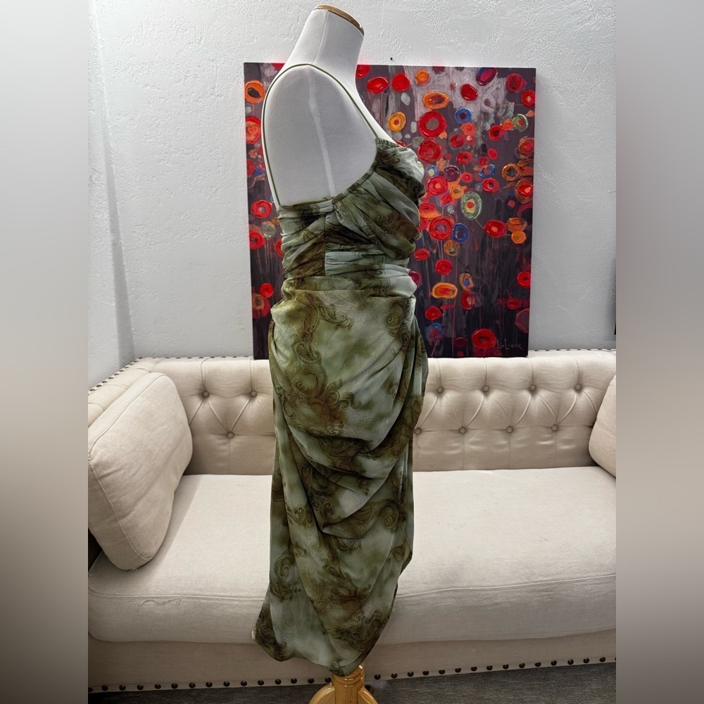 NWT Pretty Little Thing GREEN PRINT CHIFFON RUCHED DRAPE MIDI DRESS 2 - Picture 5 of 10